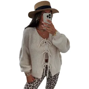 Mujer cárdigan de punto liso cuello redondo con cordones top casual elegante chic