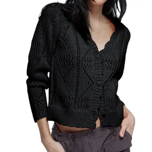Women black hollow out knit cardigan long sleeve V neck casual sweater outerwear chic top