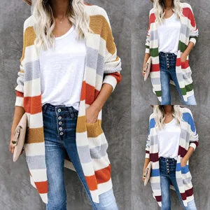 Close up view of the stylish colorblock striped knitted cardigan sweater with pockets.