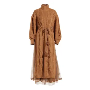Women's Elegant High Neck Cable Knit Sweater Dress And Mesh Midi Skirt Set Solid Color Long Sleeve Spliced Two Piece Outfits