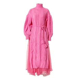 Pink turtleneck knitted sweater dress with mesh skirt set, elegant long sleeve winter outfit.