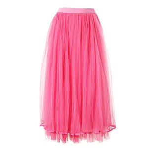 Pink tulle midi skirt detail view, elegant mesh layer design, perfect for stylish women outfits.