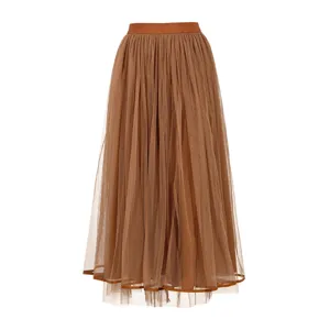 Brown mesh long skirt detail, elegant layered tulle fabric, high waist women's maxi skirt.