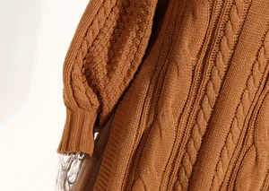 Close-up view of caramel cable knit sweater dress texture, showcasing cozy winter style details.