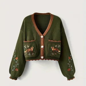 Femmes Casual Col en V Manches Longues Gilet en Tricot Pull Ample Boutonné Simple Mignon Broderie Renard Poches Top