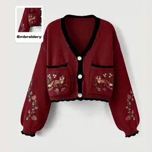 Cardigan en tricot pour femmes à col en V et manches longues avec broderie renard.