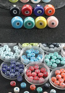 Close-up details of colorful evil eye ceramic spacer beads for DIY jewelry and phone charms.