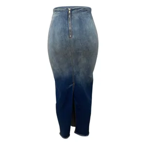 High waist gradient denim skirt with back zipper and slit for women stylish casual wear