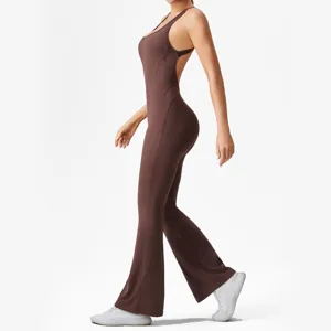 Damen brauner Fitness Yoga Jumpsuit rückenfreier Schlaghosen Sportanzug für Training Fitness.