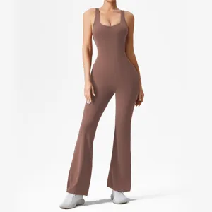 Damen rückenfreier Schlag Yoga Jumpsuit Sportbekleidung Fitness Overall mit figurformendem Schnitt