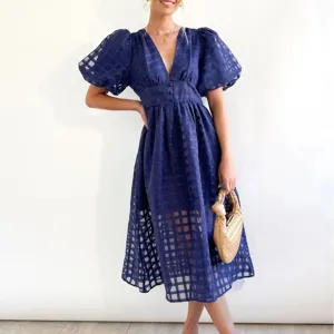 Navy blue V-neck puff sleeve midi dress, elegant checkered sheer party dress for women.