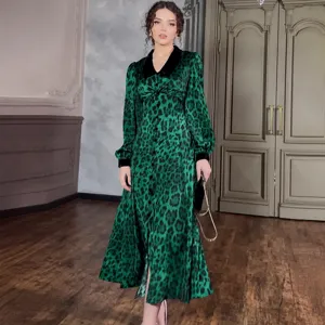 Elegant Women Leopard Print Maxi Dress Mercerized V Neck Long Sleeve Slim Fit A-Line Dress For Party Office Daily Wear