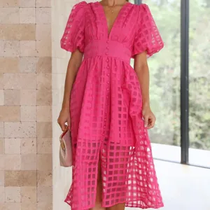 Women pink checkered V-neck puff sleeve midi dress elegant party wear main view product shot.