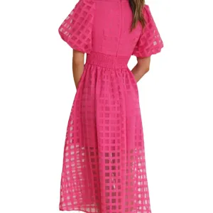 Pink puff sleeve midi dress women solid grid party wear casual elegant summer stylish outfit