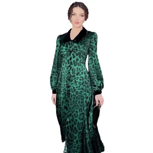 Green leopard print long sleeve maxi dress detail, elegant collar and front button view.