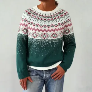 Pull en Tricot Décontracté à Manches Longues et Col Rond Jacquard Géométrique Vintage pour Femme pour Automne Hiver