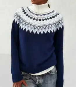 Pull femme hiver col roulé avec motif géométrique classique style nordique manches longues.