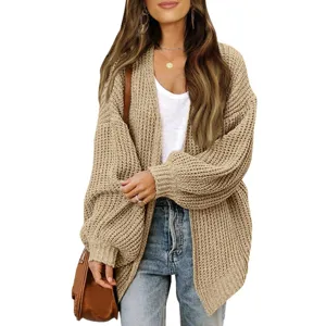 Damen grobgestrickte Strickjacke Laternenarm lässige einfarbige offene Pullover Jacke.