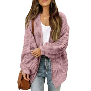 Damen lässige grobgestrickte Strickjacke Laternenärmel offene Vorderseite Pullover Oberbekleidung