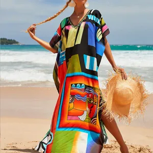 Women's Casual V-Neck Batwing Maxi Dress Loose Long Beach Cover-Up Printed Sun Protection Long Robe