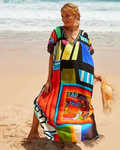 Bohemian floral printed beach cover up maxi dress for women, loose long sun protection.