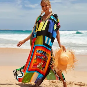 Women's boho geometric print beach cover up kaftan loose long maxi dress resort wear.