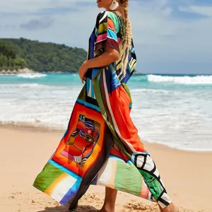 Women beach cover-up maxi dress vibrant abstract print long vacation resort wear