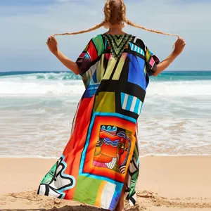 European and American style rayon printed beach cover up, loose long kaftan dress for women.