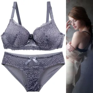 Sexy franzosische Spitzen-Lingerie-Set fur Damen, elegante gepolsterte BH und Panties grau.