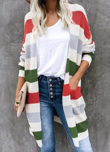 Women fashion colorblock striped knit cardigan sweater casual long sleeve outerwear detail