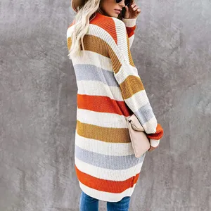 Stylish women's color block striped cardigan mid-length knitted sweater with long sleeves.