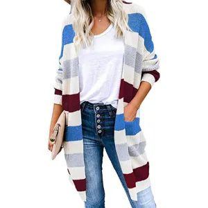 Close-up detail of the multi-color striped knitted cardigan, featuring long sleeves and pockets.