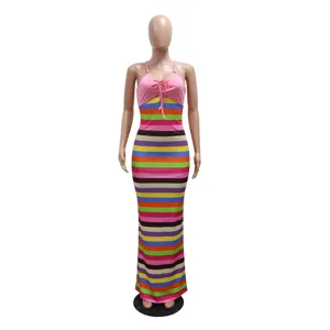 Sexy multi-color striped halter long dress for women, sleeveless backless slip dress party wear.