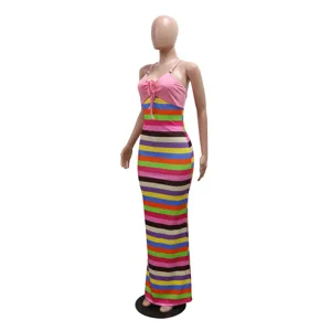Colorful striped long dress for women, sexy sleeveless spaghetti strap maxi dress, summer fashion.