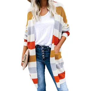 Detailed view of the women's striped color-block knit cardigan, featuring front pockets.
