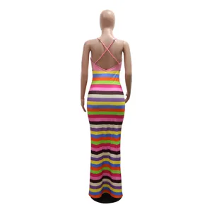 Back view of a colorful striped backless slip maxi dress, showcasing cutout details.