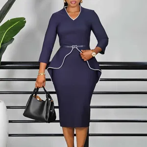 Abito a Tubo Peplum Elegante a Manica Lunga con Scollo a V da Donna Abito Midi da Lavoro Professionale a Tinta Unita con Cintura