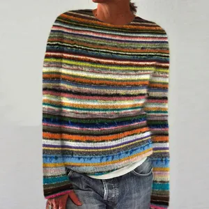 Detailed view of the colorful striped knitted sweater, showing soft texture and comfortable fit.