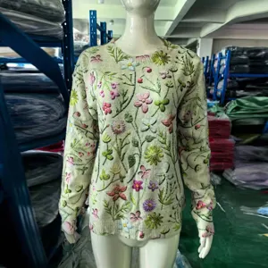 Casual long sleeve crewneck sweater for women featuring allover vintage floral embroidery design.