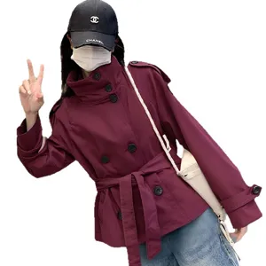 Women retro solid color loose high collar double-breasted long sleeve trench coat jacket