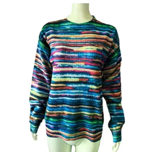 Casual loose colorful striped crewneck pullover sweater long sleeve knit top for women