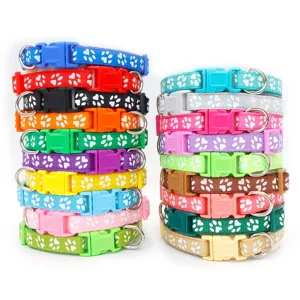 Pet Dog Cat Adjustable Nylon Collar With Cute Paw Print Pattern Anti-Lost Outdoor Walking Neck Strap Pet Accessories