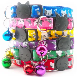 Colorful cat collar with cute cartoon print, safe buckle and metal bell for small pets.