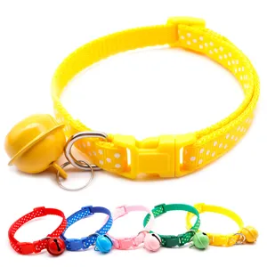 Adjustable 1cm fabric pet collar with cute bell, soft polka dot dog and cat neck strap.