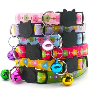 Colorful floral pet cat collar with cute black cat buckle and shiny bell for small dogs.