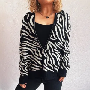 Women's Casual Zebra Striped Knitted Cardigan Long Sleeve Crew Neck Full Zip Sweater Fashion Streetwear Outerwear