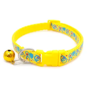 Yellow pet cat collar with cute bubble print, bell, and secure buckle for daily outdoor use.