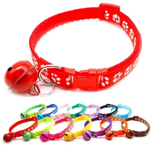 Pet Dog Cat Collar Adjustable Cute Paw Print Nylon Neck Strap with Bell