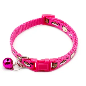 Pink nylon pet collar with bell and cute cartoon print, breathable cat dog neck strap main view.