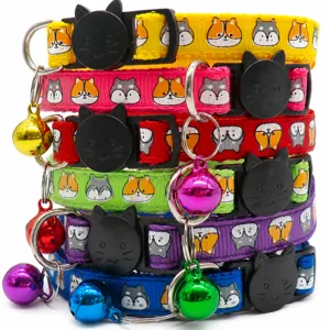 Cute pet cat dog collar with bell cartoon print safety buckle adjustable neck strap